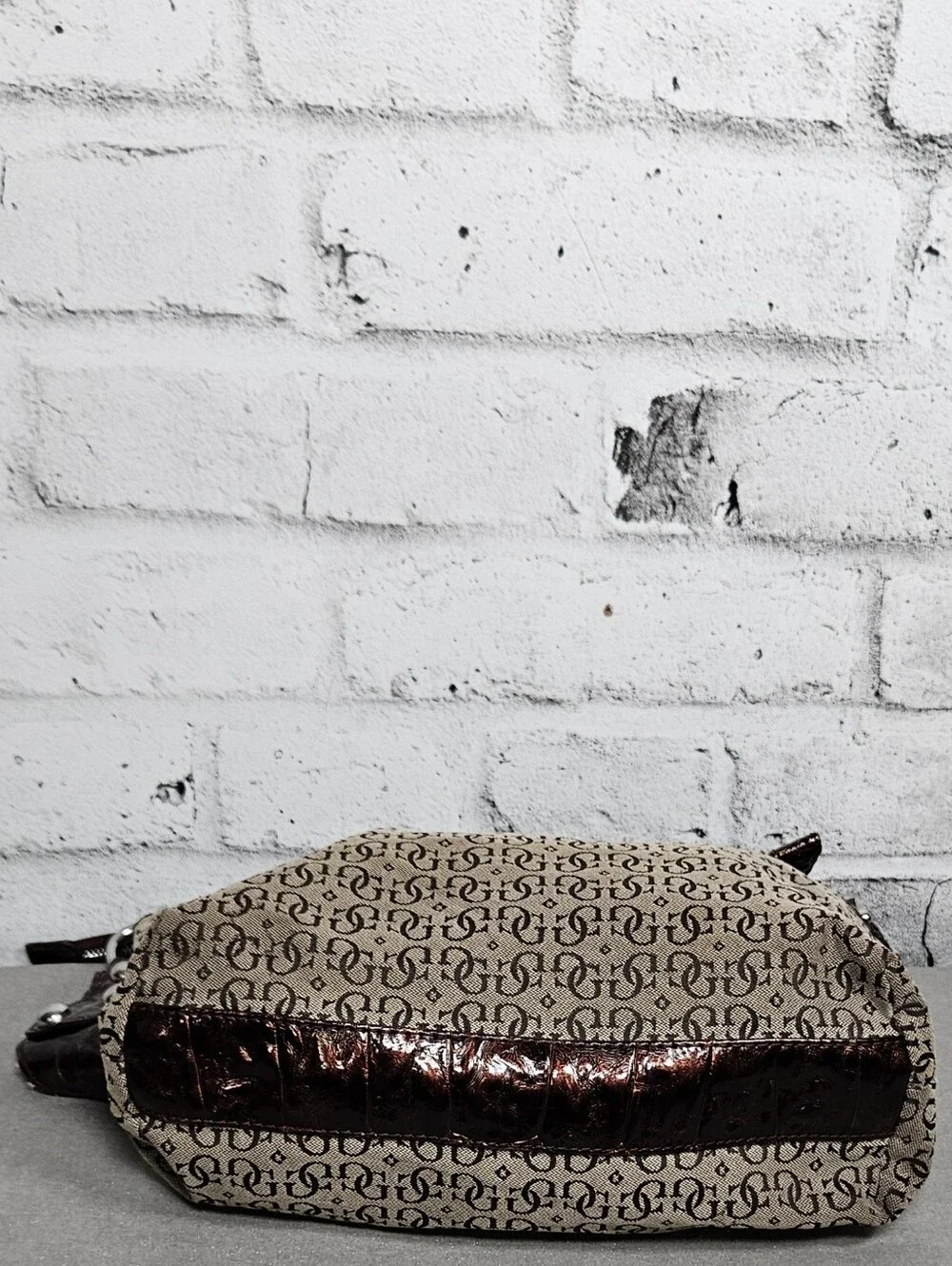 Guess Monogram Canvas Hobo Shoulder Bag Brown Metallic Trim Studded - Picture 6 of 14